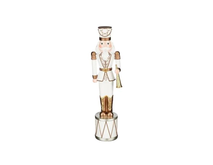 Figurine casse-noisette H50cm, uniforme blanc et or, trompette dorée, socle tambour blanc et or