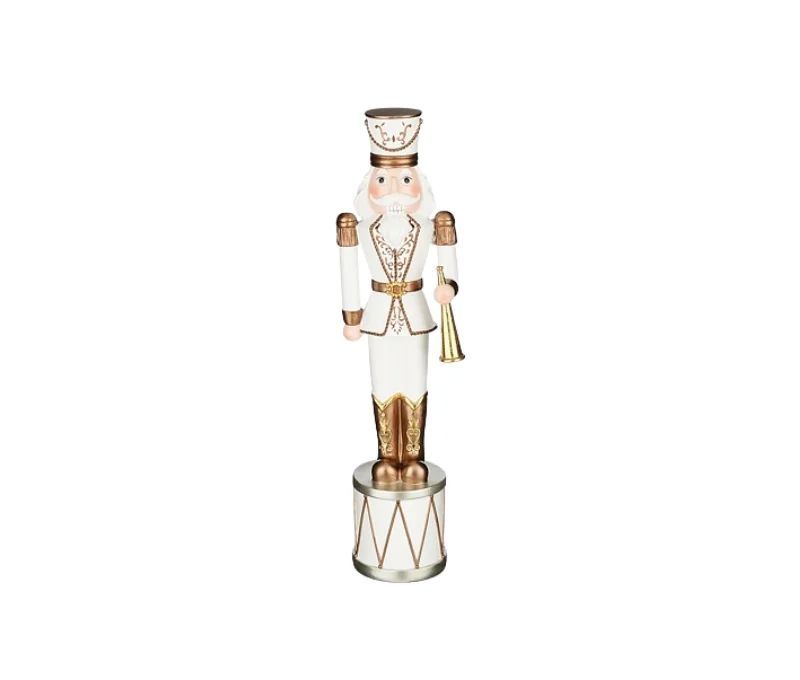 Figurine casse-noisette H50cm, uniforme blanc et or, trompette dorée, socle tambour blanc et or