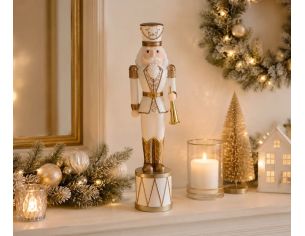 Figurine casse-noisette H50cm, uniforme blanc et or, trompette dorée, socle tambour blanc et or