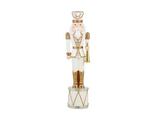 Grande figurine casse-noisette H102cm, uniforme blanc et cuivré, trompette dorée, socle tambour blanc et or