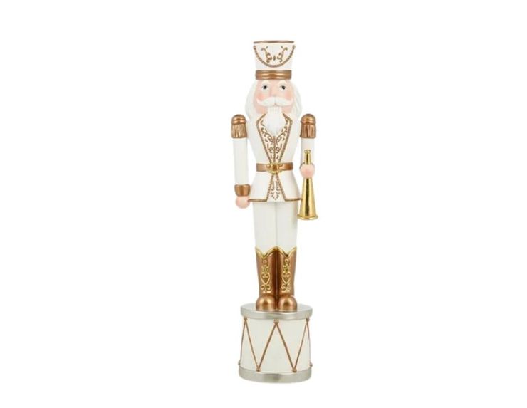 Grande figurine casse-noisette H102cm, uniforme blanc et cuivré, trompette dorée, socle tambour blanc et or