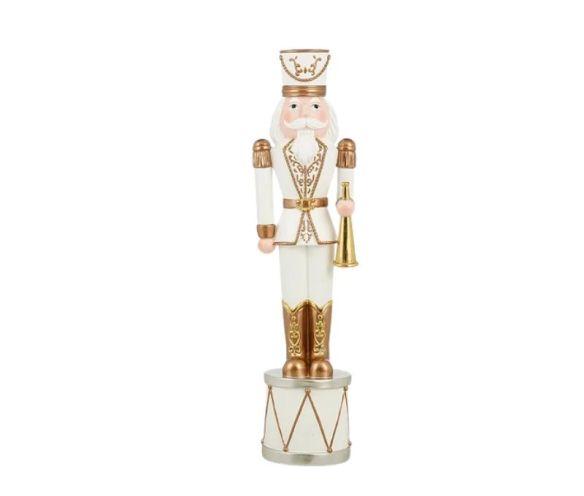 Grande figurine casse-noisette H102cm, uniforme blanc et cuivré, trompette dorée, socle tambour blanc et or