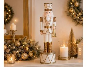 Grande figurine casse-noisette H102cm, uniforme blanc et cuivré, trompette dorée, socle tambour blanc et or