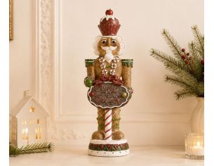 Casse-noisette résine pain d’épices H35cm avec LED, pancarte Merry Christmas, cupcake, bonbons et chantilly
