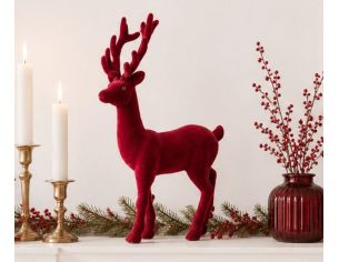 Cerf décoratif H37cm en velours floqué bordeaux, silhouette debout avec bois, finition douce monochrome
