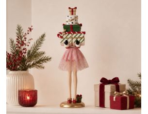 Figurine fille H36cm jupe rose scintillante, souliers rouges, pile de cadeaux Noël colorés sur la tête