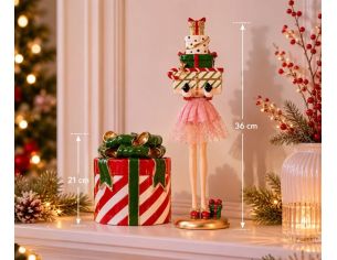 Figurine fille H36cm jupe rose scintillante, souliers rouges, pile de cadeaux Noël colorés sur la tête