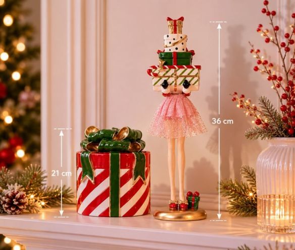 Figurine fille H36cm jupe rose scintillante, souliers rouges, pile de cadeaux Noël colorés sur la tête