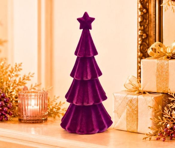 Sapin décoratif H39cm en velours floqué mauve violet, 4 étages festonnés, étoile au sommet monochrome