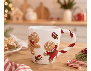 Tasse céramique blanche Noël motifs bonhommes pain d'épices anse rouge 330ml