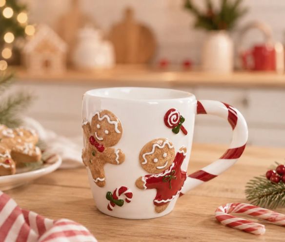 Tasse céramique blanche Noël motifs bonhommes pain d'épices anse rouge 330ml