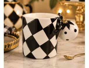 Tasse céramique Noël motif arlequin noir blanc anse boule de Noël 330ml
