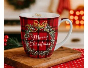 Mug porcelaine rouge tartan couronne Noël inscription Merry Christmas 400ml