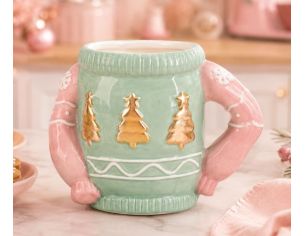 Mug céramique Noël forme pull vert rose sapins dorés motifs tricot 330ml