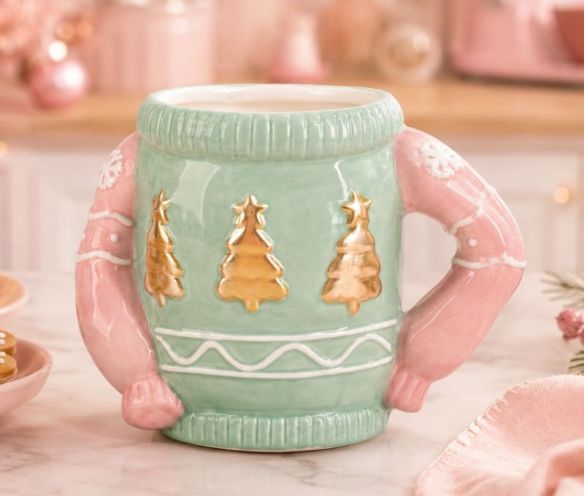 Mug céramique Noël forme pull vert rose sapins dorés motifs tricot 330ml