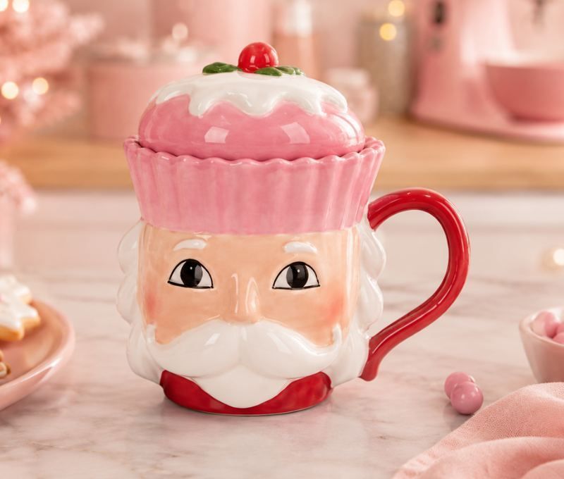 Mug céramique Noël rose forme casse-noisette couvercle cupcake 400ml