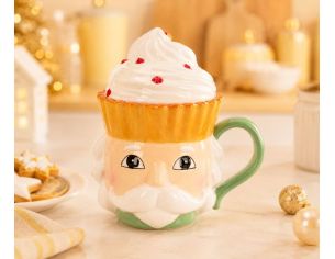 Mug céramique Noël jaune forme casse-noisette couvercle cupcake chantilly 400ml