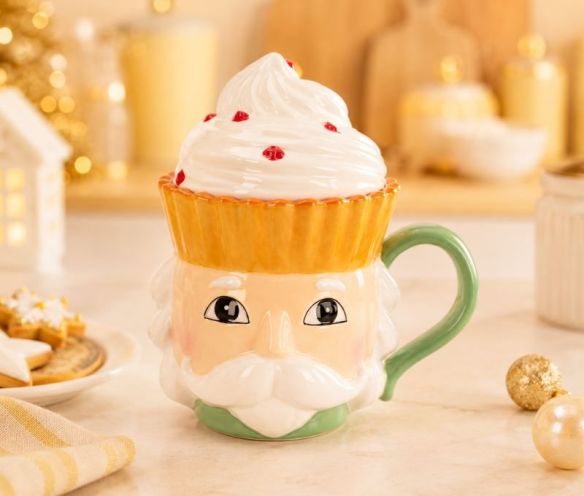 Mug céramique Noël jaune forme casse-noisette couvercle cupcake chantilly 400ml