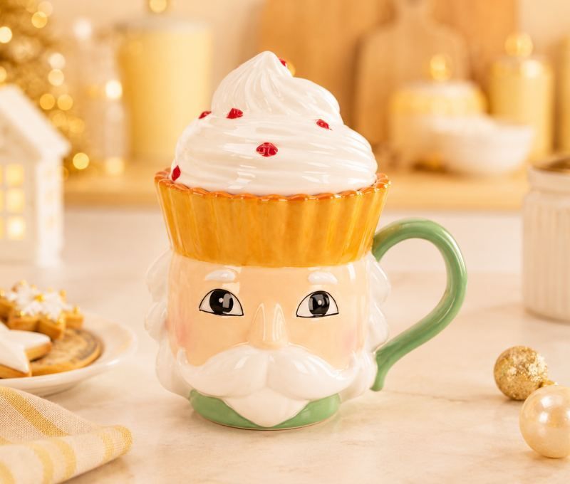 Mug céramique Noël jaune forme casse-noisette couvercle cupcake chantilly 400ml