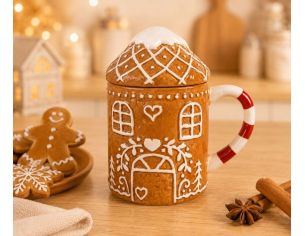 Mug céramique Noël forme maison pain d'épices couvercle toit enneigé anse rayée 350ml