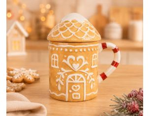 Mug céramique Noël maison pain d'épices coeurs blancs couvercle toit anse rayée 350ml