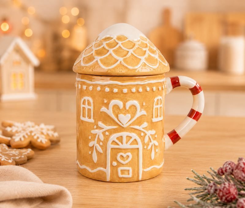 Mug céramique Noël maison pain d'épices coeurs blancs couvercle toit anse rayée 350ml