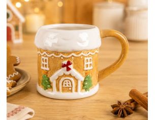 Mug céramique Noël maison pain d'épices toit enneigé sapins bonbon rouge relief 300ml