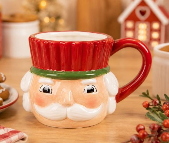 Mug céramique Noël forme tête casse-noisette chapeau rouge anse assortie 350ml H14cm