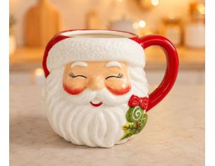 Mug céramique H16cm forme tête Père Noël rieur, bonnet rouge texturé, barbe blanche, anse assortie 550ml