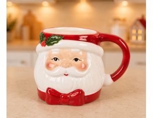 Mug céramique Noël tête Père Noël houx en relief bonnet rouge 300ml H14cm