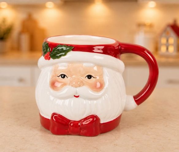 Mug céramique Noël tête Père Noël houx en relief bonnet rouge 300ml H14cm