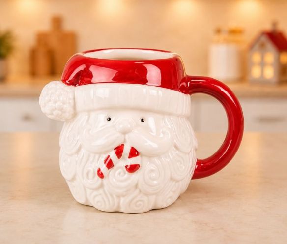 Mug céramique Noël visage Père Noël bonnet rouge barbe blanche sucre d'orge relief 500ml