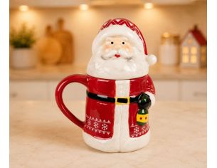 Mug céramique Noël Père Noël rouge couvercle tête barbe blanche lanterne 450ml H19cm