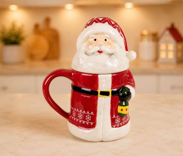 Mug céramique Noël Père Noël rouge couvercle tête barbe blanche lanterne 450ml H19cm