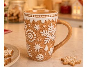 Grand mug céramique Noël façon pain d'épices flocons blancs relief 575ml H15cm