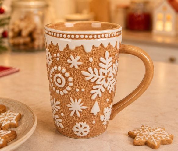 Grand mug céramique Noël façon pain d'épices flocons blancs relief 575ml H15cm