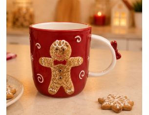 Mug céramique rouge Noël bonhomme pain d'épices relief motifs tourbillons poignée nœud 430ml