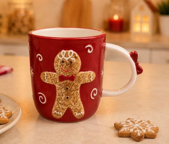 Mug céramique rouge Noël bonhomme pain d'épices relief motifs tourbillons poignée nœud 430ml