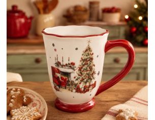 Mug céramique blanc Noël décor vintage salon cheminée sapin cadeaux bord rouge 350ml