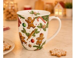 Mug porcelaine blanc Noël bonhommes pain d'épices sucre d'orge sapins biscuits 400ml