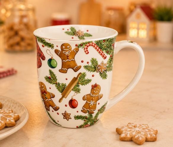 Mug porcelaine blanc Noël bonhommes pain d'épices sucre d'orge sapins biscuits 400ml
