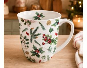 Mug porcelaine blanc Noël motif houx baies rouges branches sapin pommes de pin 400ml