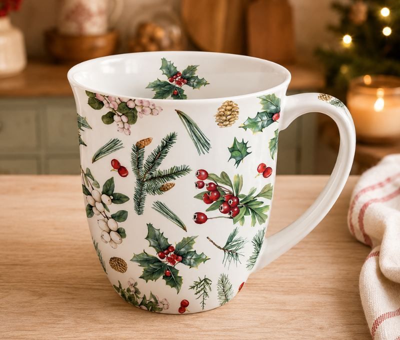 Mug porcelaine blanc Noël motif houx baies rouges branches sapin pommes de pin 400ml