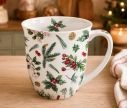 Voir la slide Mug porcelaine blanc Noël motif houx baies rouges branches sapin pommes de pin 400ml
