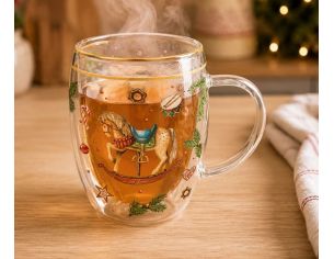 Tasse verre double paroi Noël cheval à bascule vintage branches sapin motifs festifs 350ml