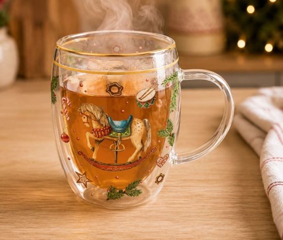 Tasse verre double paroi Noël cheval à bascule vintage branches sapin motifs festifs 350ml