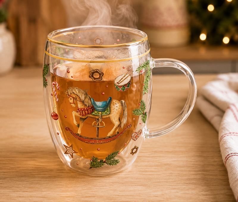 Tasse verre double paroi Noël cheval à bascule vintage branches sapin motifs festifs 350ml