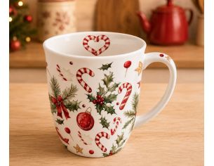 Mug porcelaine blanc Noël sucres d'orge houx boules rouges étoiles dorées 400ml