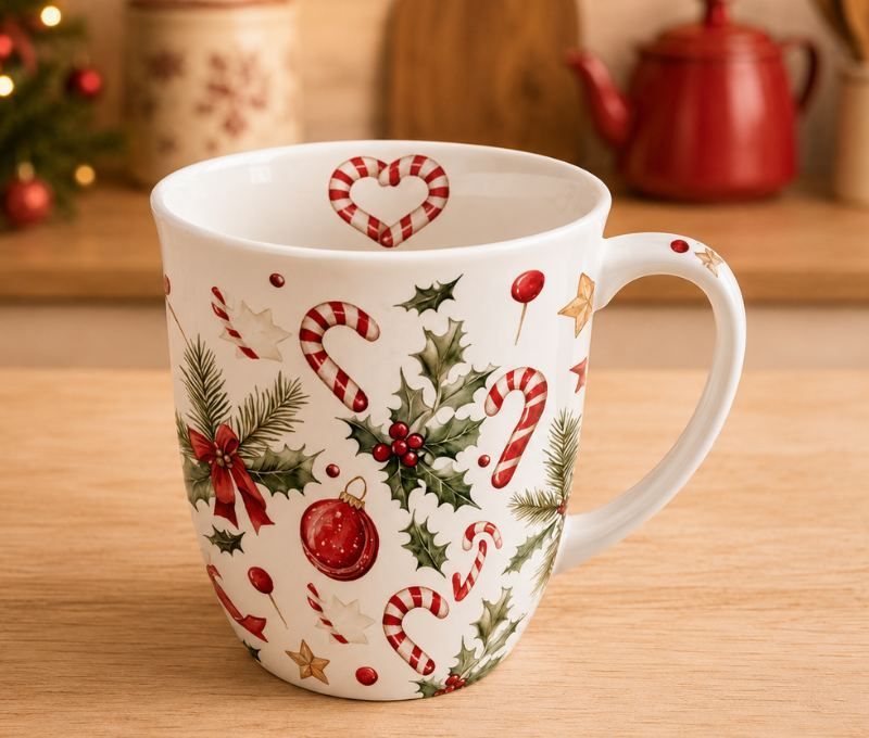 Mug porcelaine blanc Noël sucres d'orge houx boules rouges étoiles dorées 400ml