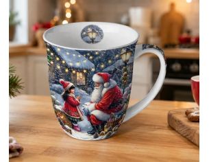 Mug porcelaine fine Noël scène hivernale Père Noël fillette village enneigé lumières 400ml